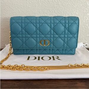 DIOR Caro Cannage Calfskin Leather Crossbody Bag in Teal Blue